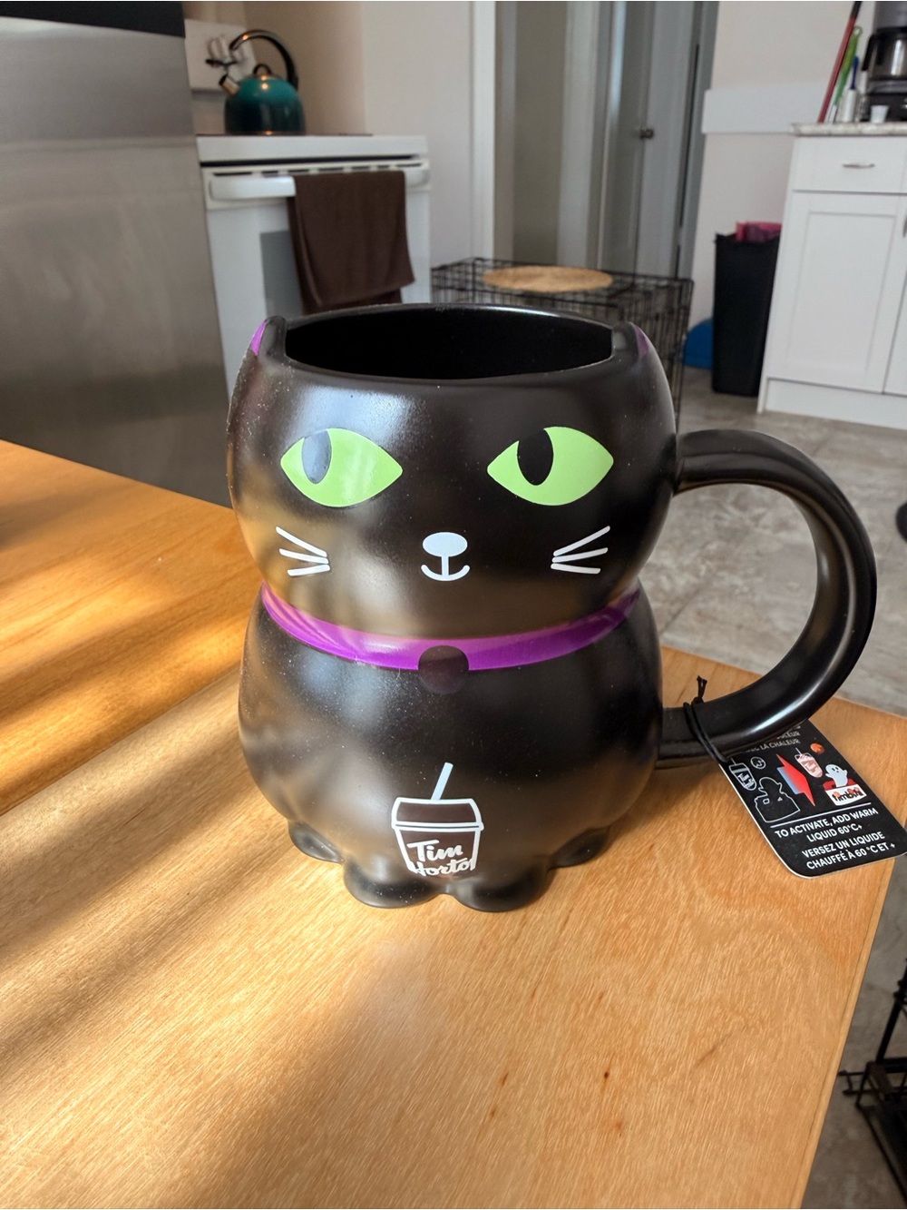 Tim Hortons Black Cat Ceramic Mug with Green Eyes and Purple Collar